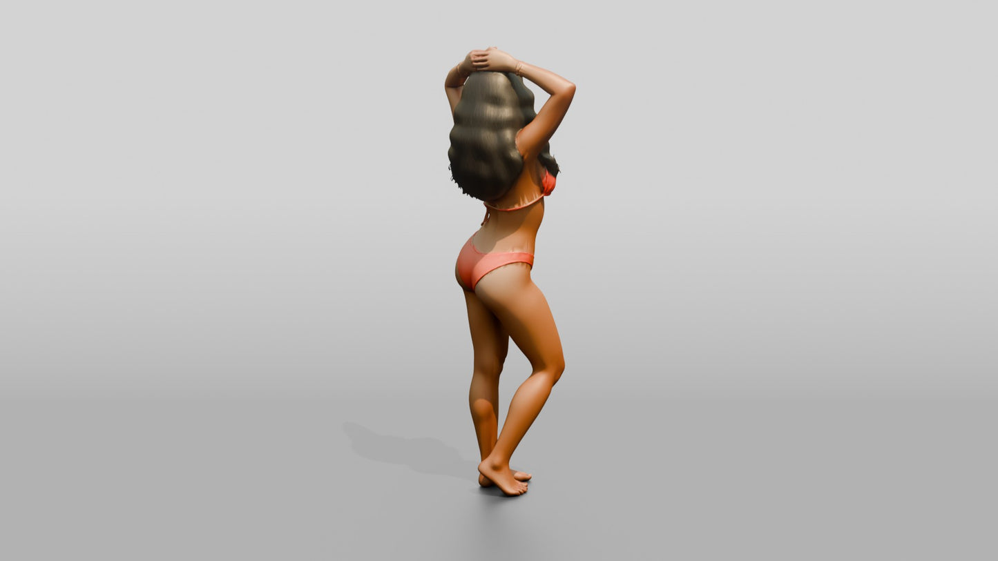 Woman in Coral Two-Piece Swimsuit Adjusting Her Hair