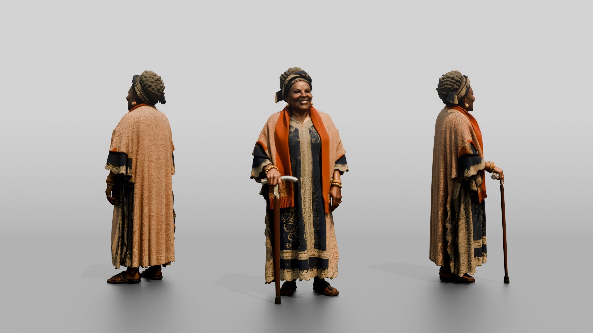 Elderly African Woman with a Walking Stick in a Lace Gown
