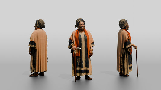 Elderly African Woman with a Walking Stick in a Lace Gown