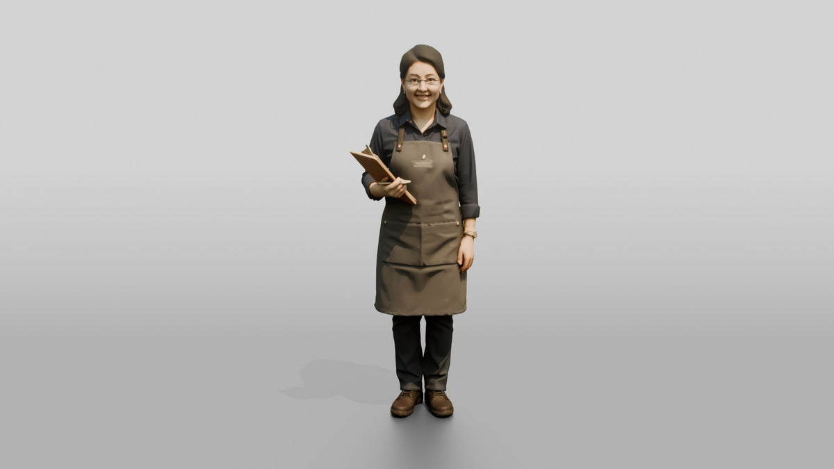East Asian Woman Cafe Manager in Apron - 3D character model, view 5