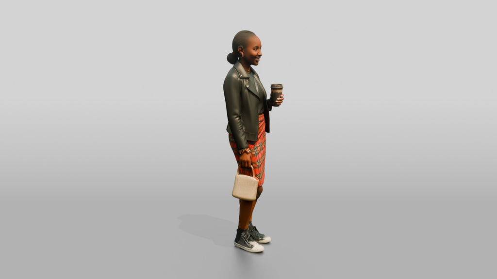 Young African Woman in Leather Jacket and Plaid Skirt
