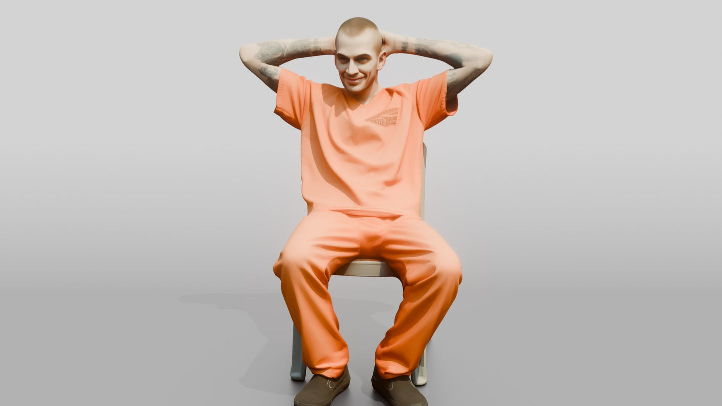 Caucasian Male Prisoner Leaning Back in a Hard Plastic Chair