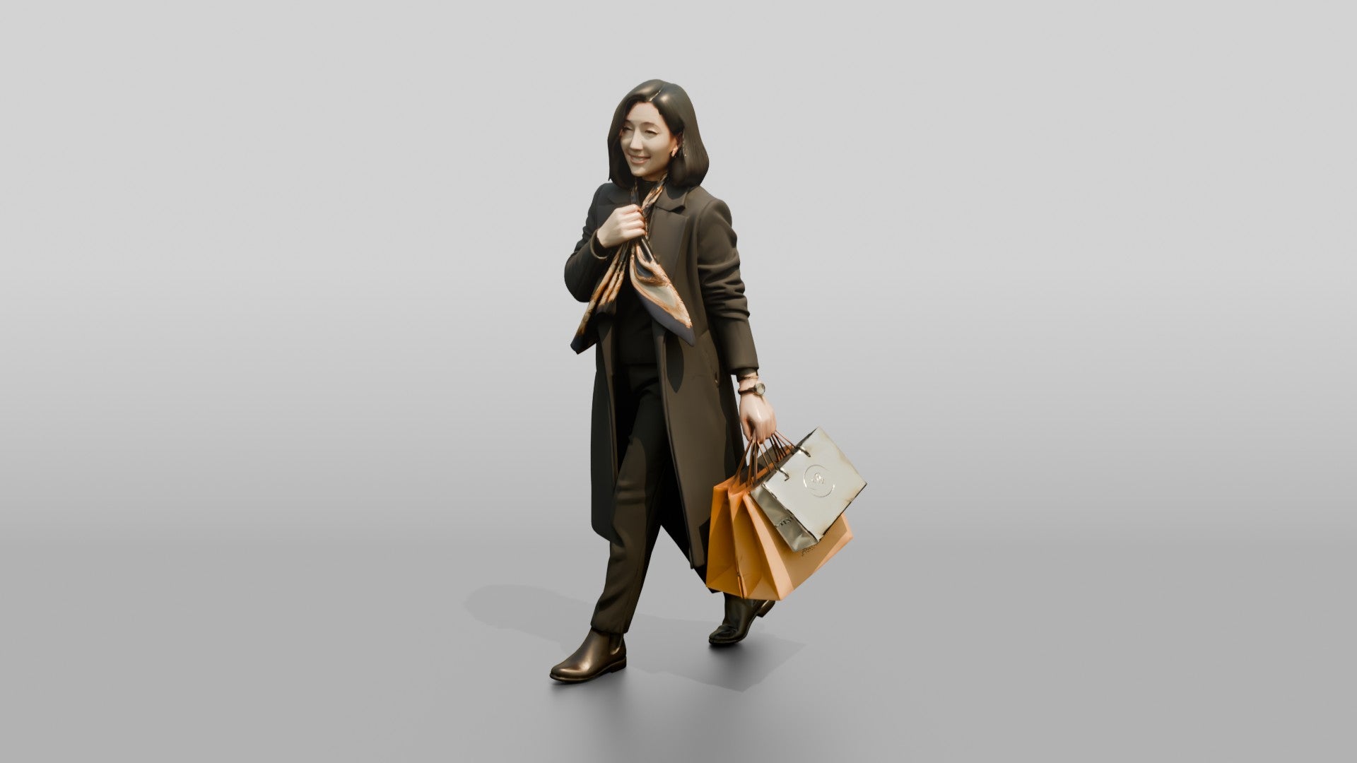 Woman Adjusting Silk Scarf While Walking