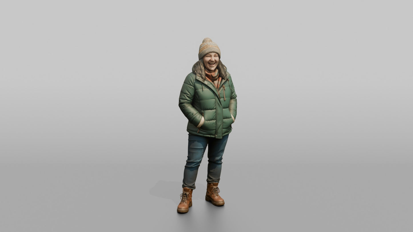 British Woman Laughing in a Puffer Jacket