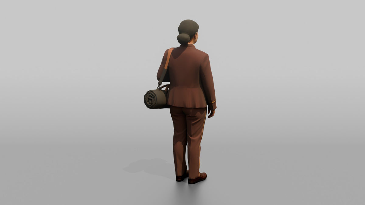 Bellhop Woman Carrying A Rolled Travel Bag Over One Shoulder - 3D character model, view 3