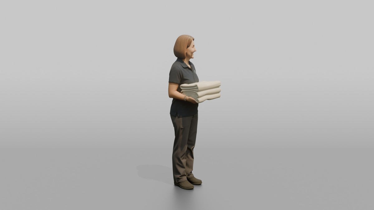 Massage Therapist Woman Holding A Neatly Folded Stack Of Towels - 3D character model, view 2