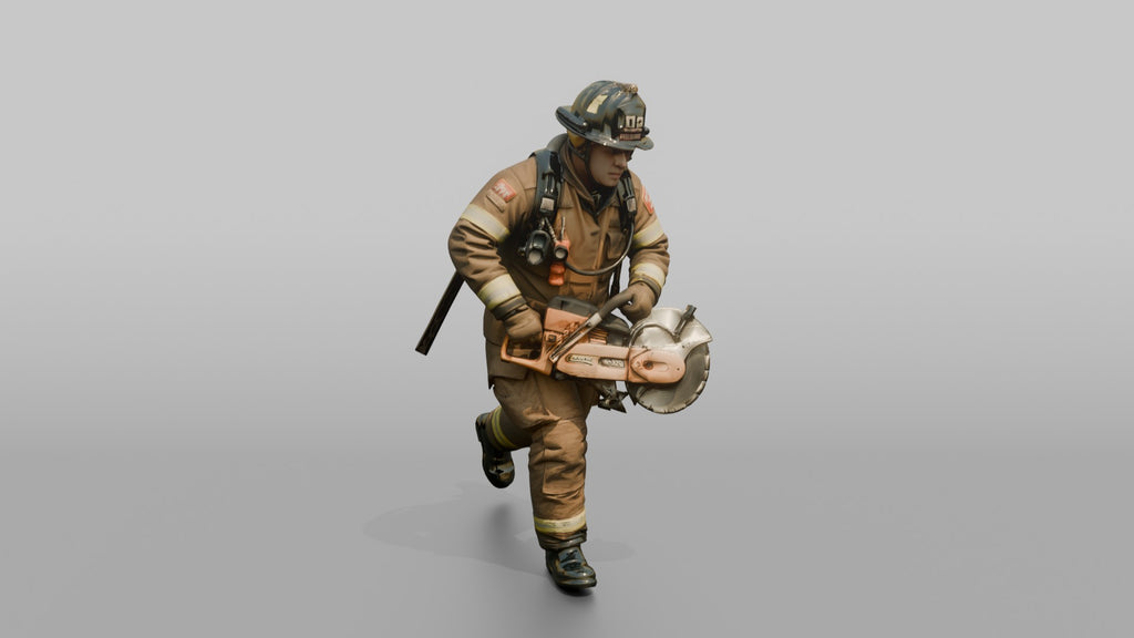 Firefighter Man Running Forward with a Rotary Rescue Saw