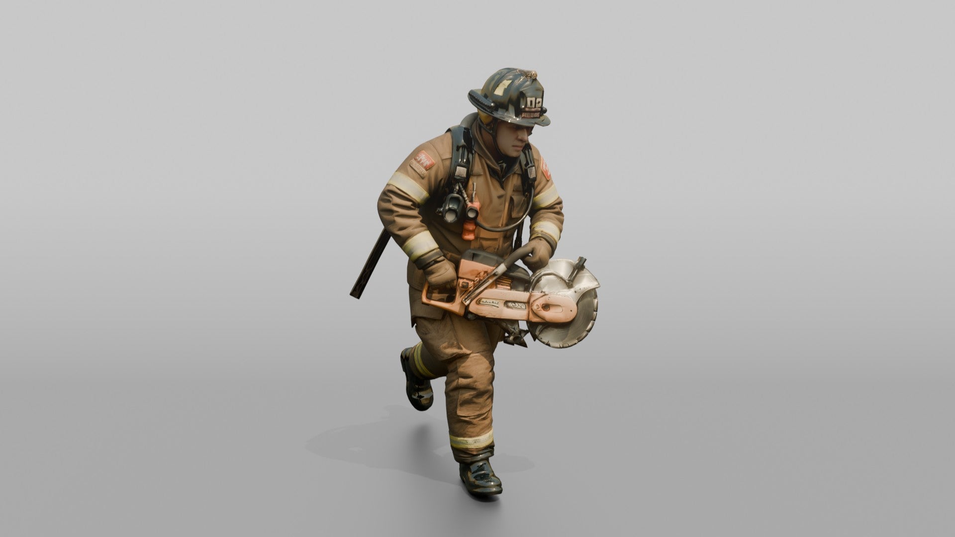 Firefighter Man Running Forward with a Rotary Rescue Saw