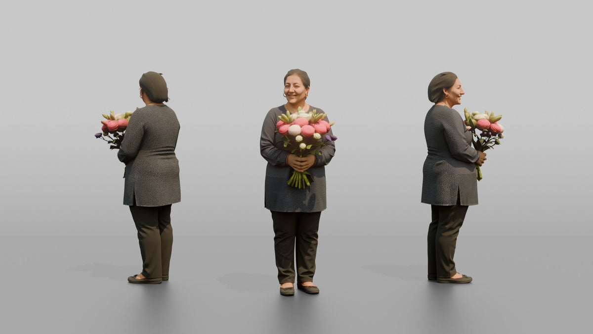 Mother Holding A Bouquet Of Flowers With Both Hands - 3D character model, view 1