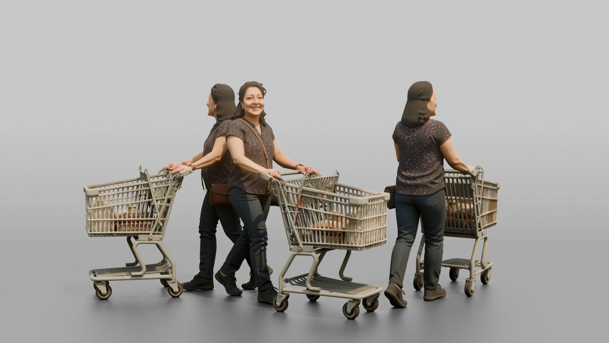 Woman Customer Pushing A Shopping Cart With An Empty Child Seat - 3D character model, view 1