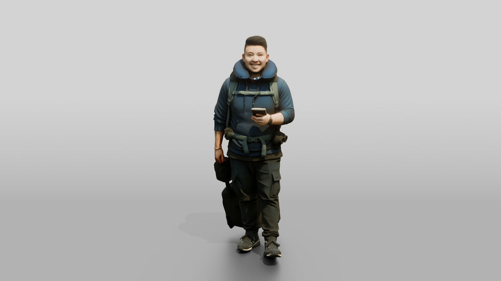 Plus-Size Asian Man with Travel Pillow Backpack and Luggage