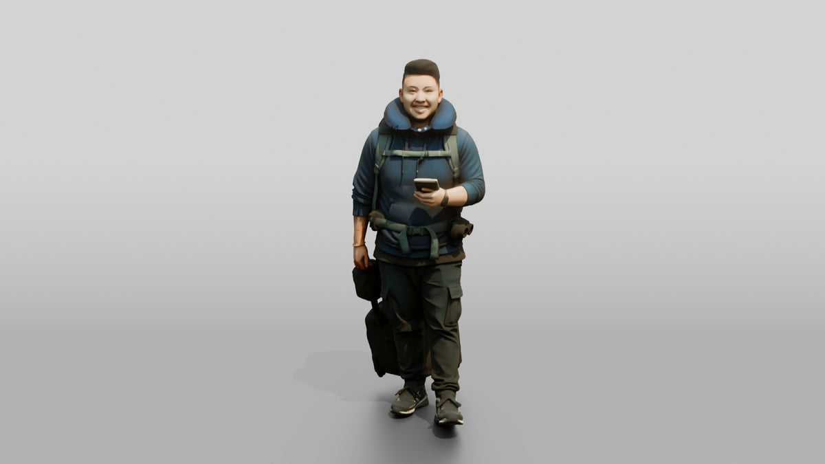 Plus-Size Asian Man with Travel Pillow Backpack and Luggage - 3D character model, view 5