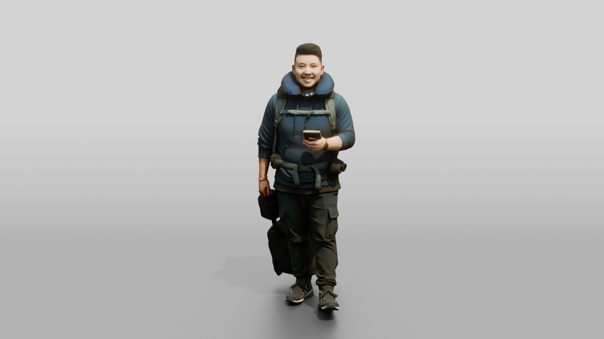 Plus-Size Asian Man with Travel Pillow Backpack and Luggage