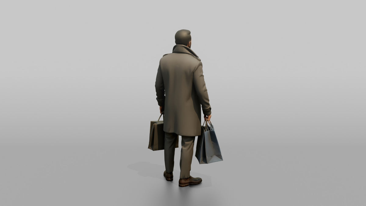 Middle Eastern Man in Trench Coat with Shopping Bags - 3D character model, view 3