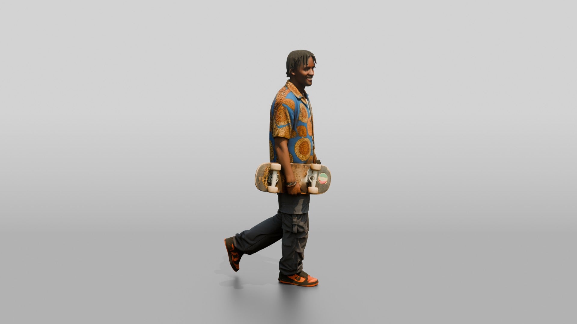 Athletic African Man Holding a Skateboard in a Print Shirt