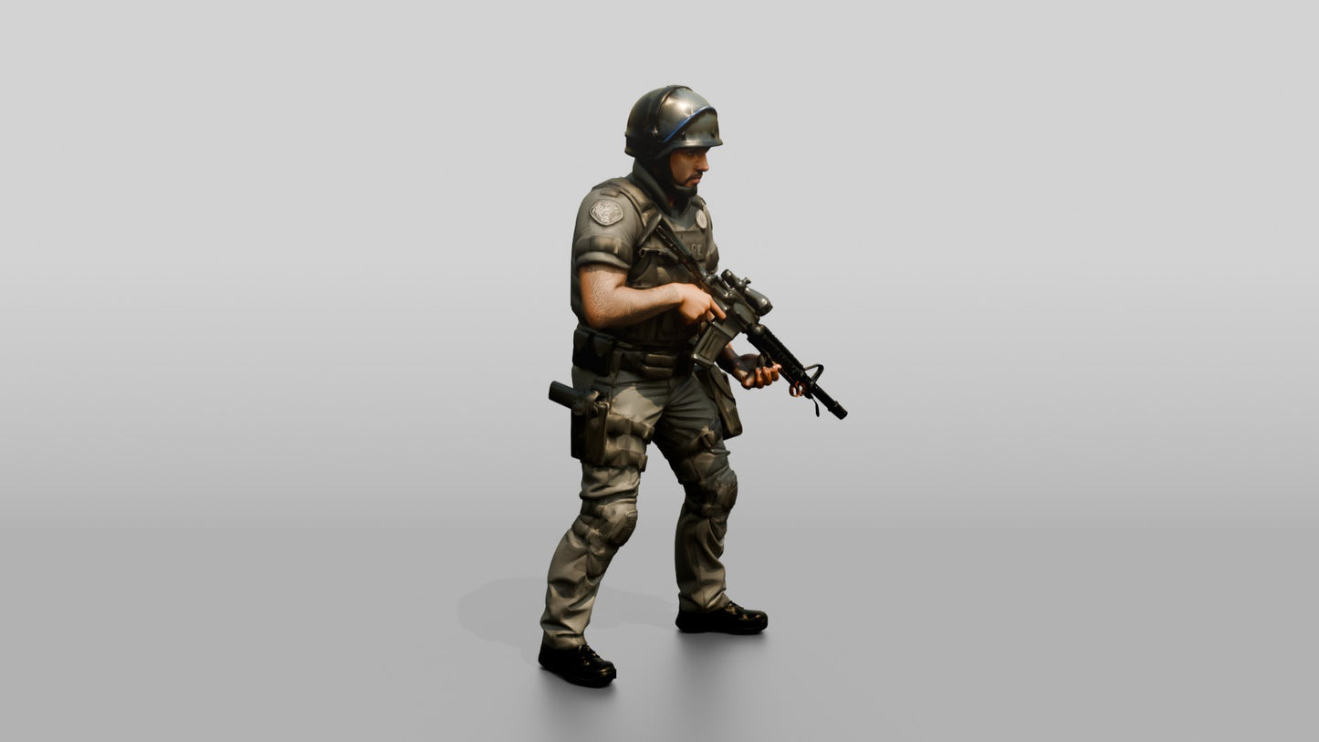 Riot Police Officer Holding Rifle