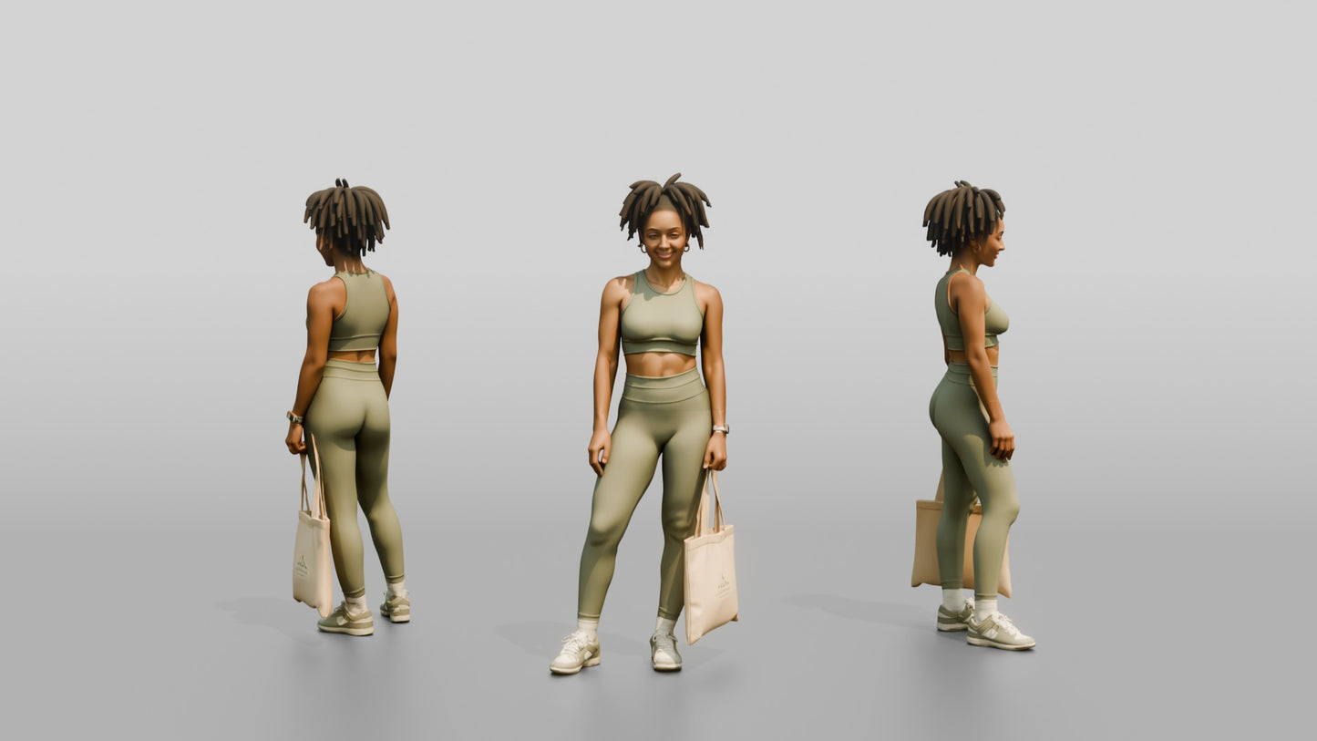 African-American Woman in Athleisure Set with Shopping Bag