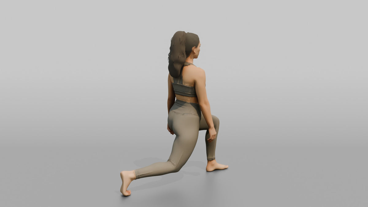 Fitness Influencer Woman Doing A Bodyweight Lunge With Arms At Sides - 3D character model, view 3