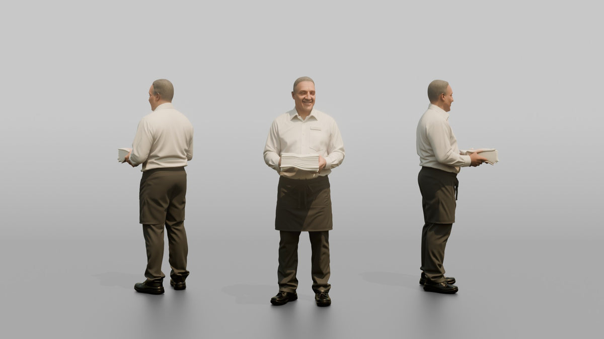 Server Woman Carrying A Stack Of Clean Folded Napkins - 3D character model, view 1