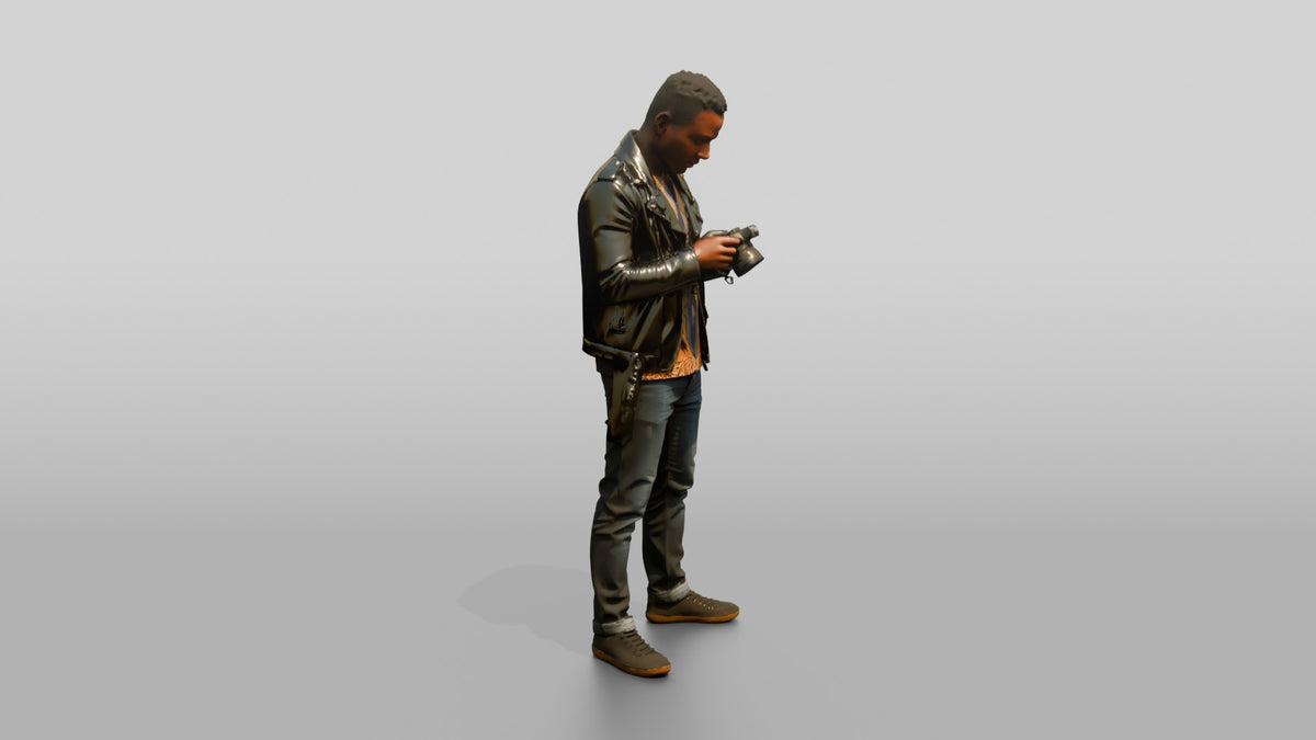 African Man in a Leather Jacket Checking a Camera - 3D character model, view 2