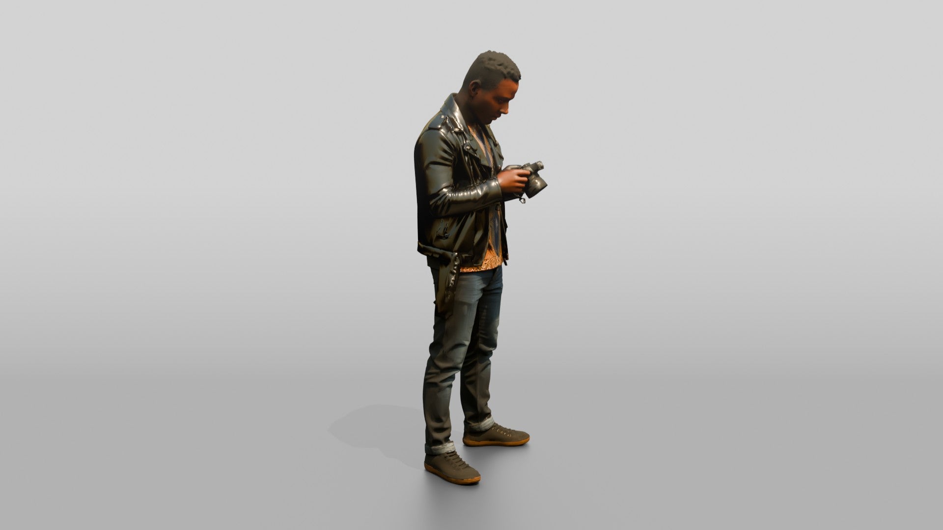 African Man in a Leather Jacket Checking a Camera