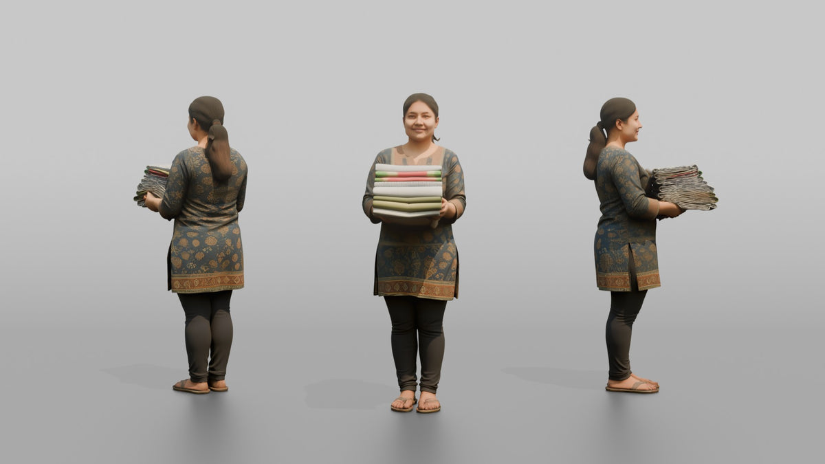 Mother Carrying A Stack Of Clean Folded Laundry - 3D character model, view 1