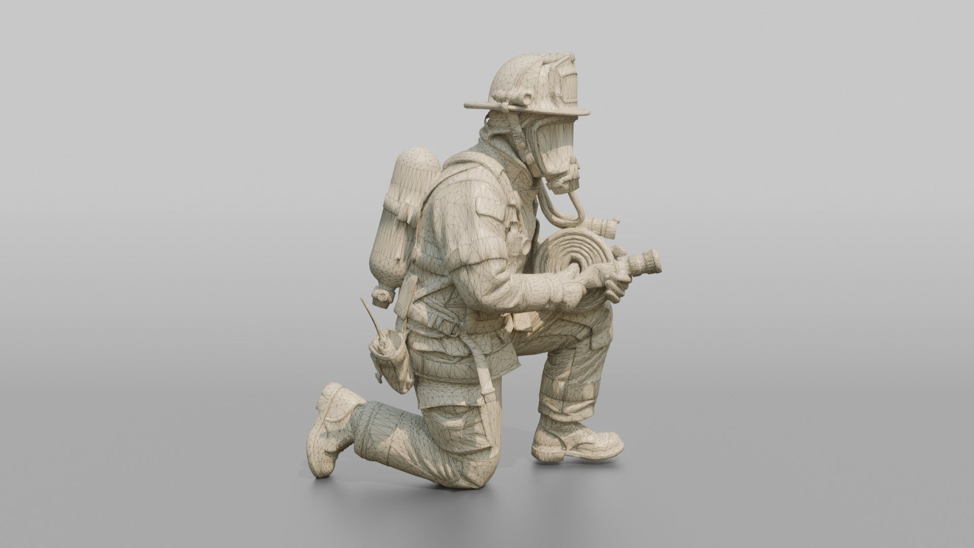 Firefighter Man Crouching in a Low Tactical Stance