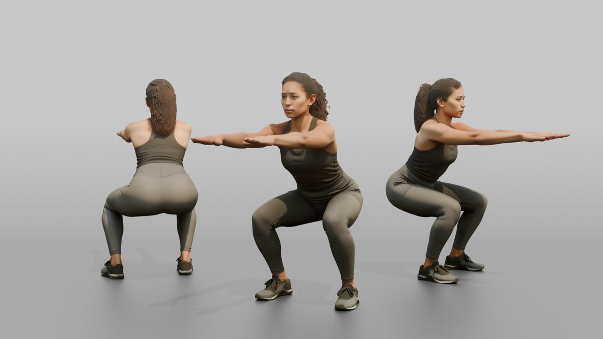 Bodyweight Athlete Woman Doing A Bodyweight Squat, Arms Extended Forward - 3D character model, view 1