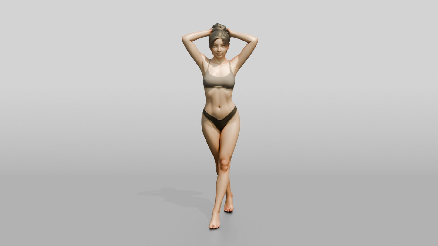 Woman in Olive Two-Piece Swimsuit Arms Raised