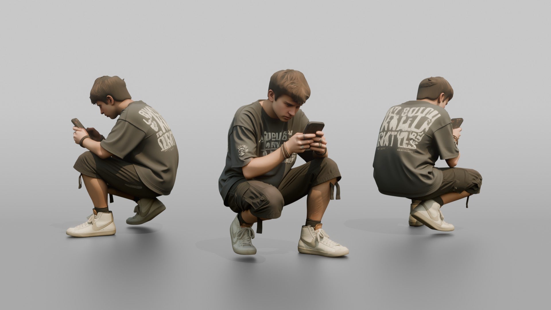 Teenage Boy Crouching to Look at His Phone