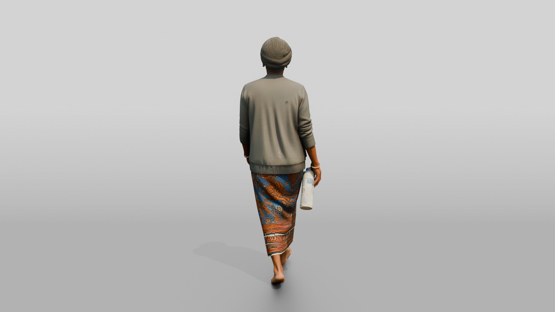 Elderly African Woman with a Water Bottle in a Wrap Dress