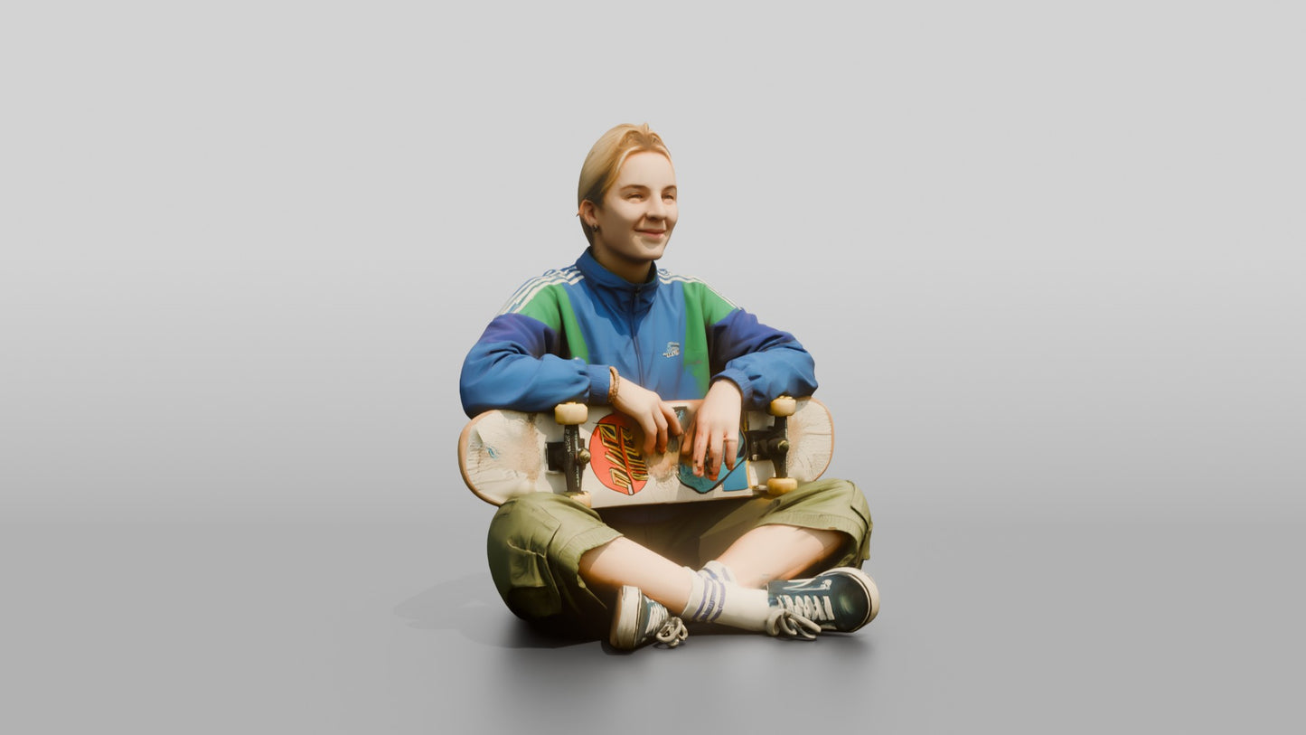 Skater Girl Sitting with Skateboard