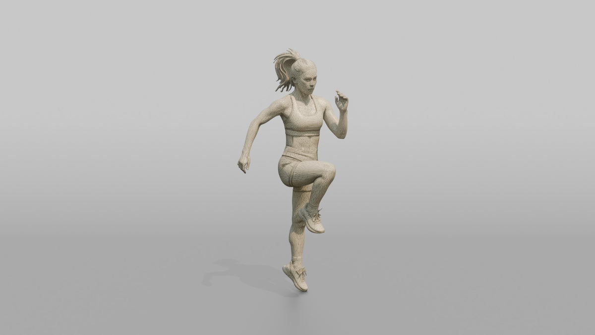 Cardio Athlete Woman Doing High Knees In Place - wireframe topology preview