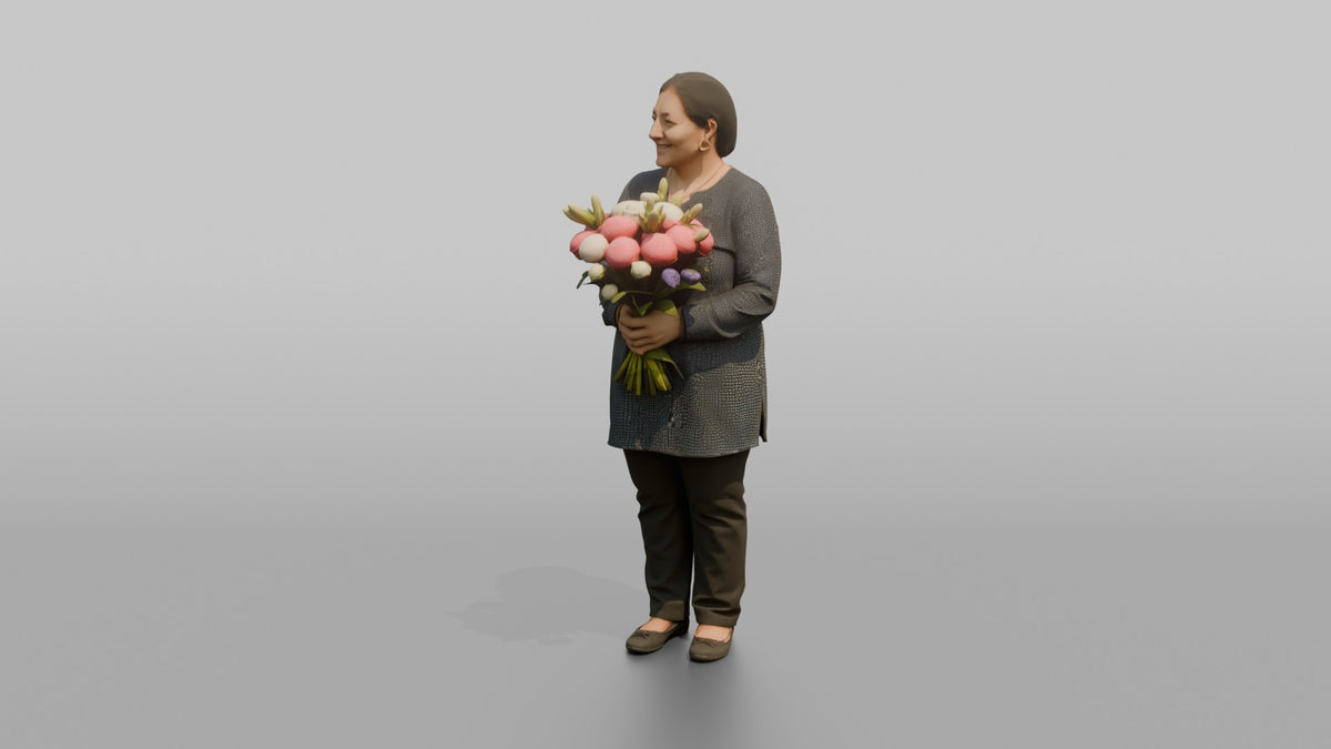 Mother Holding A Bouquet Of Flowers With Both Hands - 3D character model, view 4