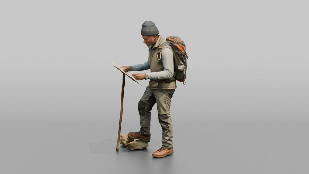 Hiker Leaning on a Walking Stick, Reading a Map