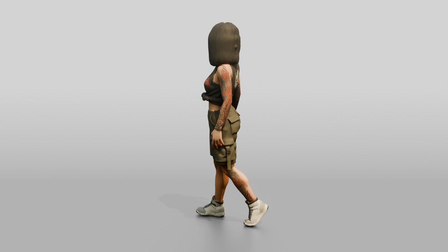Tattooed Woman Walking in Cargo Shorts and Tank Top