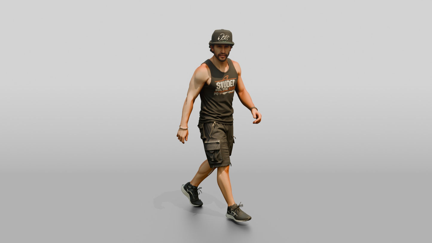 Latino Man Walking the Boardwalk in Graphic Tank Top
