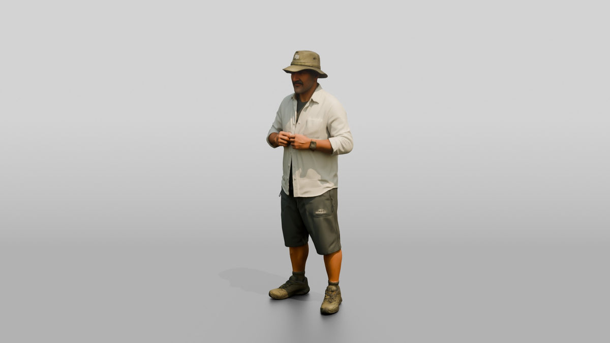Man Fixing Button on Linen Shirt - 3D character model, view 4