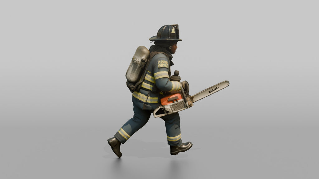 Firefighter Woman Sprinting Carrying a Heavy Rescue Chainsaw