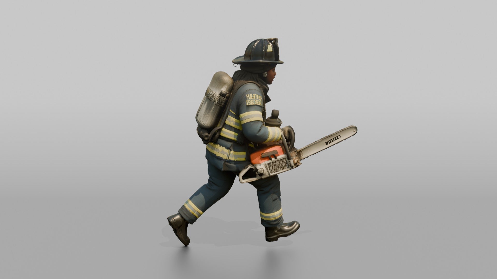 Firefighter Woman Sprinting Carrying a Heavy Rescue Chainsaw
