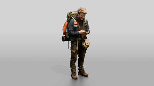 Weary Backpacker Checking Phone Map - 3D character model, view 1