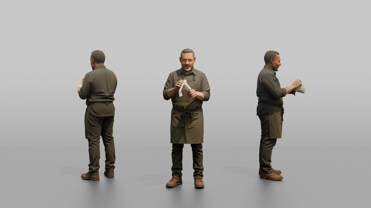 Bartender Man Polishing A Wine Glass With A Cloth - 3D character model, view 1