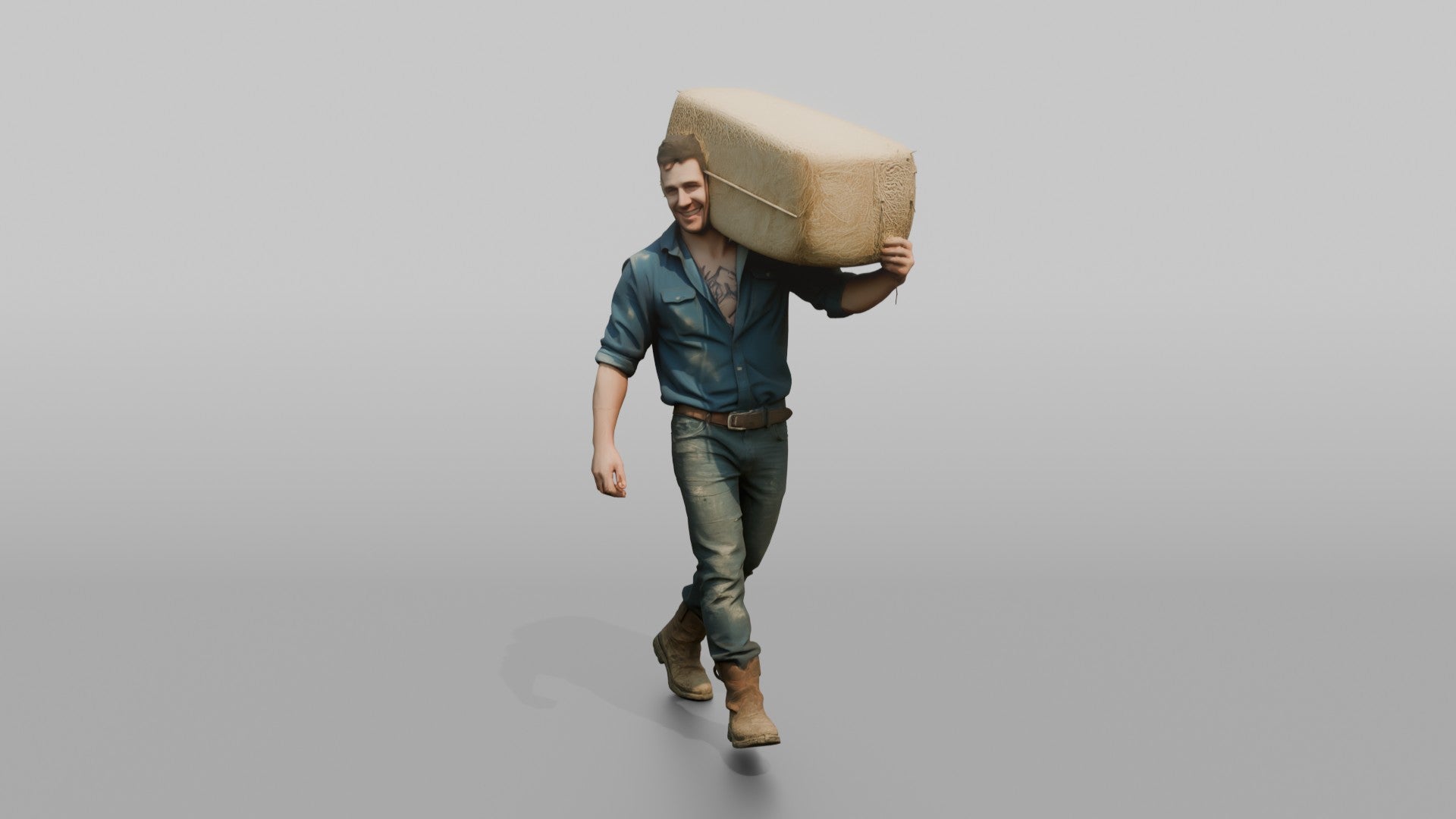 Farmer Carrying Large Bale Of Hay Over