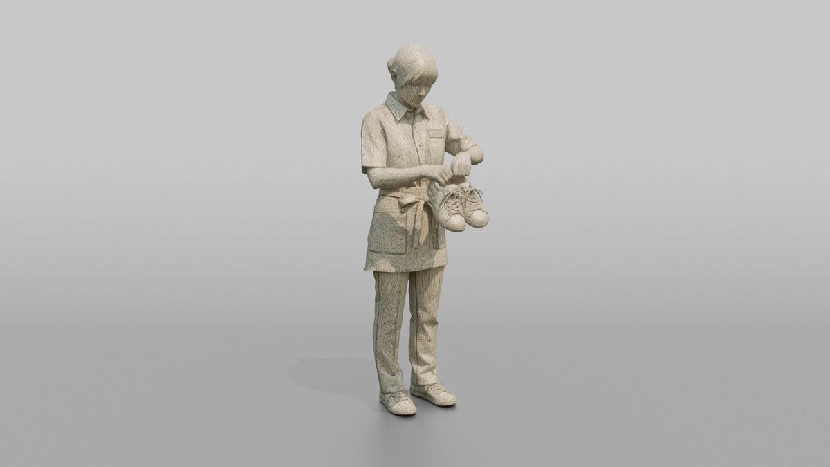Woman Shop Assistant Arranging A Pair Of Shoes In Her Hands - wireframe topology preview