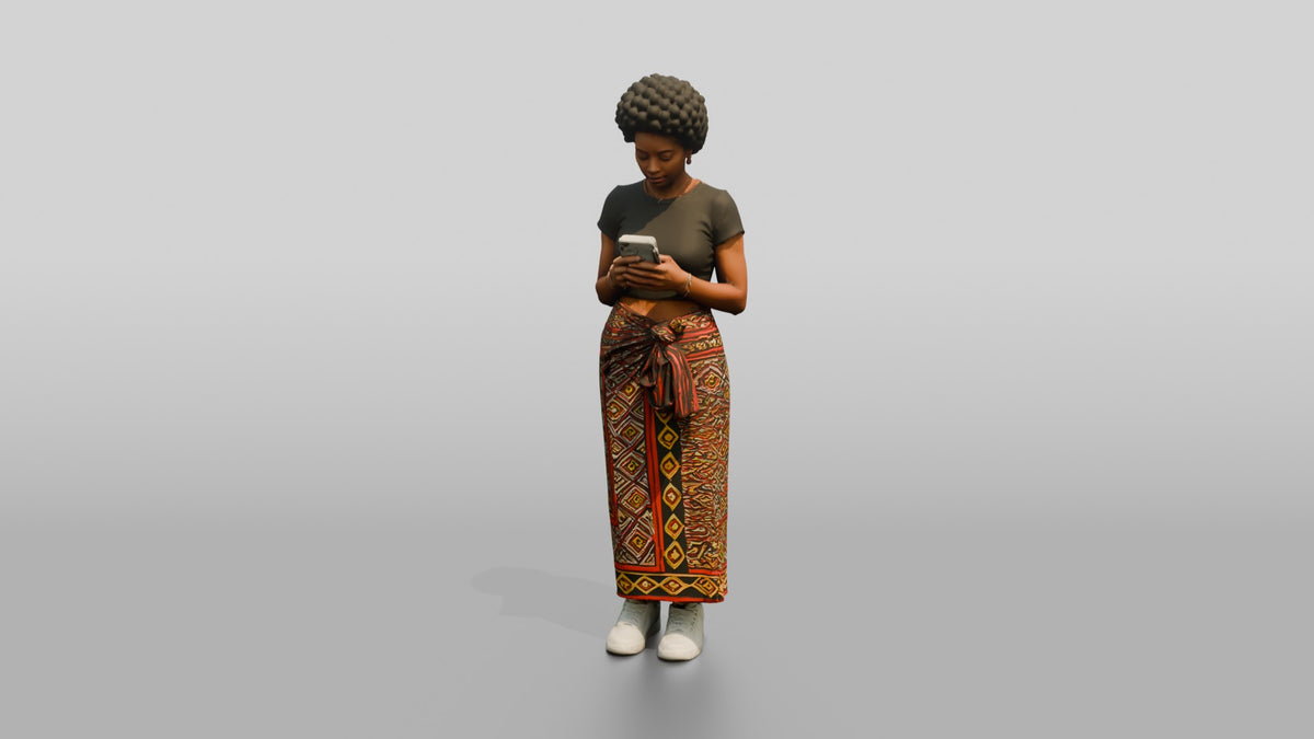 African Woman in a Wrap Skirt Looking at Her Phone - 3D character model, view 4