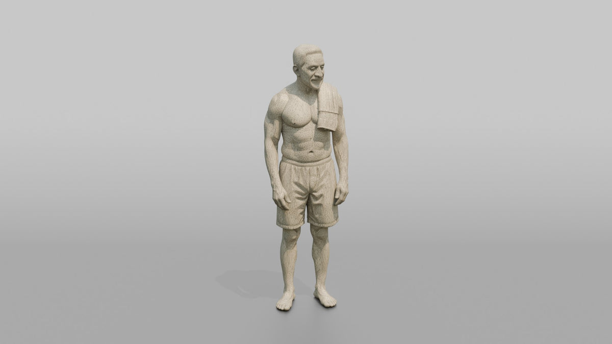 Spa Client Man Standing With A Small Hand Towel Over One Shoulder, Relaxed - wireframe topology preview