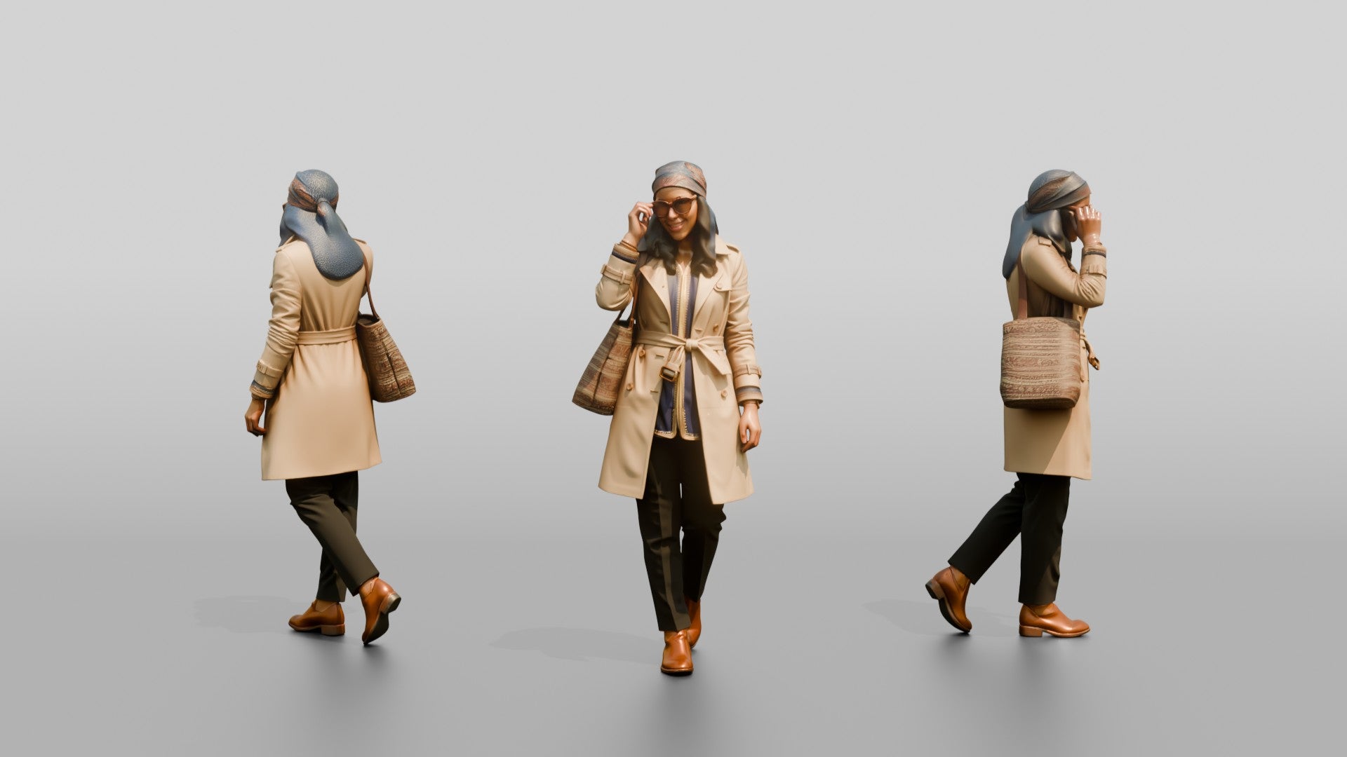 Woman in Headscarf and Trench Coat with Sunglasses