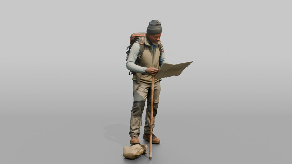 Hiker Leaning on a Walking Stick, Reading a Map
