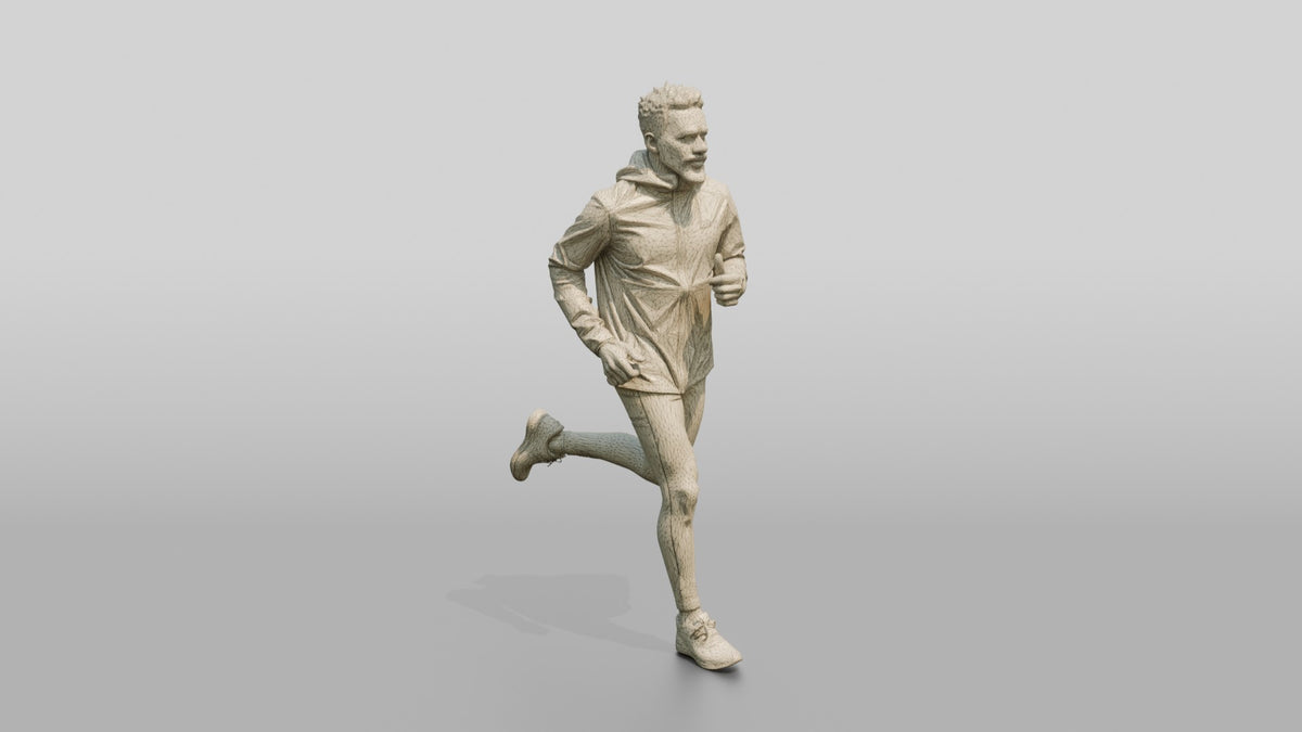 Caribbean Man Jogging in Black Raincoat - wireframe topology preview