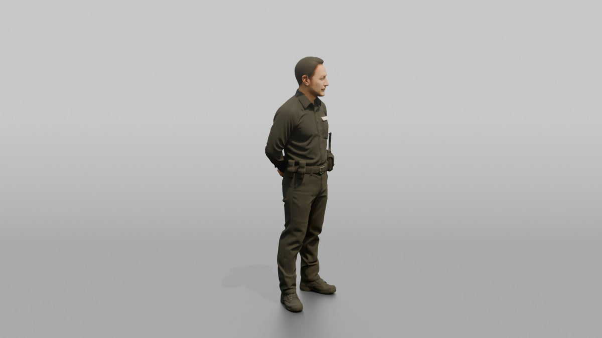 Door Staff Man Standing With Feet Apart, Arms Behind Back - 3D character model, view 2